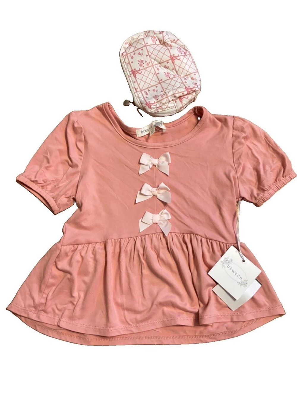 Btween Us Girls Sweet Blush Pink Peplum Top with Bows Short Sleeve Shirt